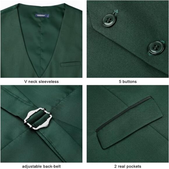 Men's Suit Vest Formal V-Neck Green - Picture 4 of 5